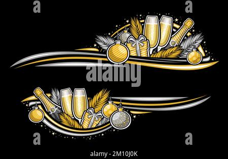 Vector border for New Year with empty copyspace for congratulation text, banner with illustration of spruce branches, two flute wine glasses, cartoon Stock Vector