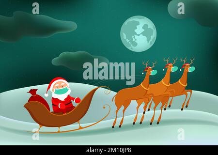 Santa in face mask riding on reindeer sledge. Vector illustration. Stock Vector