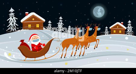 Santa Claus in mask riding on reindeer sledge. Cartoon style. Vector illustration. Stock Vector