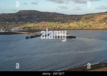 MV Hebrides Sailing into Uig, Isle of Skye. The vessel covers the Uig triangle, which also includes Tarbert, Isle of Harris and Lochmaddy, North Uist. Stock Photo