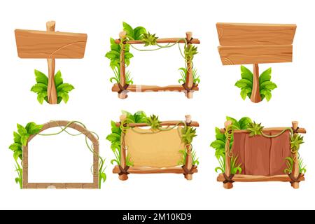 Set frame from sticks, wooden planks, stone bricks with grass and liana, jungle leaves in comic cartoon style isolated on white background. Border, jungle panel textured and detailed. Game asset, menu. Vector illustration Stock Vector