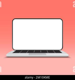 3D laptop with empty white screen for mockup concept. Showcase display minimal scene with computer. Monitor front view isolated on pastel pink backgro Stock Vector