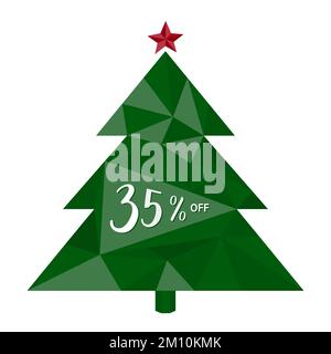 35% OFF. Thirty five percent discount. Trend triangle 3D Green Christmas Tree. Handwritten calligraphic Numbers. For Christmas, New Year, winter SALE Stock Vector