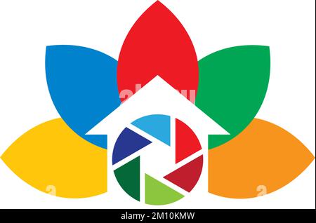 A vector illustration of a colorful camera shutter logo design in house form on white background Stock Vector