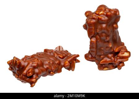 Chocolate candy with nuts isolated on a white background. Almond and nut slivers embedded in milk chocolate. Stock Photo