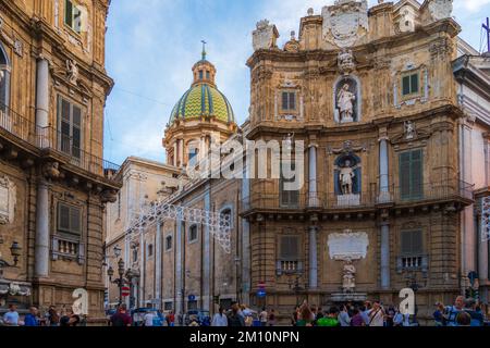 Quattro Canti is a Barroque square in Palermo. It is one of the sights more visited in the city. Sicily. Stock Photo