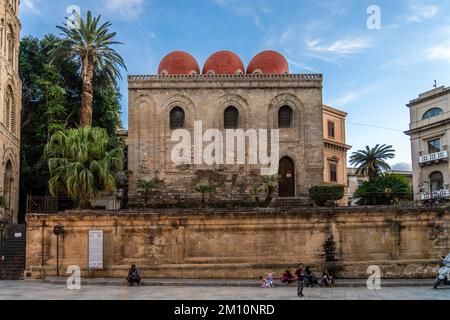 San Cataldo church, an example of the Norman-Bizantine style in Palermo, Sicily. It is well known by its three red domes. Italy. Stock Photo