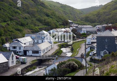 The River Valency Flowing into Harbour in Boscastle on the South West Coastal Path in Cornwall, England, UK. Stock Photo