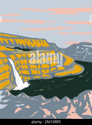WPA poster art of Palouse Falls on the Palouse River near  the Snake River in southeast Washington State USA in works project administration style. Stock Photo