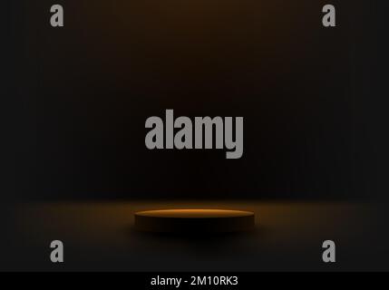 3D realistic empty black podium cylinder pedestal stand with lighting wall scene on dark studio room background. You can use for products display adve Stock Vector