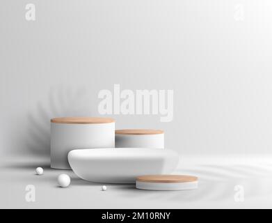 3D realistic empty stone and wood grain top white podium pedestal on clean background with decoration white ball and  lighting and shadow leaves. You Stock Vector