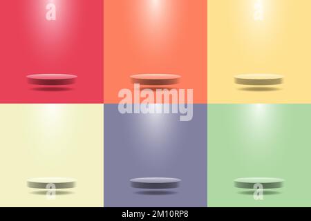 Set of 3D realistic podium pedestal platform cylinder shapes floating in the air with spotlight on bright colors background minimal style. Studio room Stock Vector