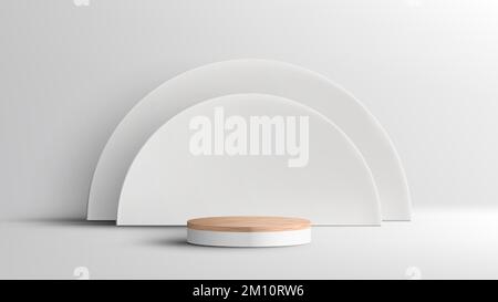3D realistic empty wood grain top white podium pedestal with semicircle backdrop on white background with lighting and shadow. You can use for product Stock Vector