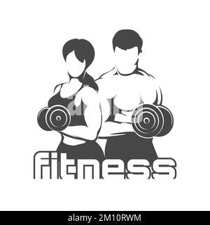 Fitness Logo with Training Bodybuilders. Man and Woman holds Dumbbells Isolated on White Stock Vector