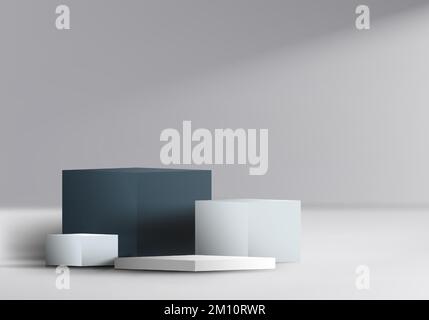 3D realistic four steps black and white podium platform pedestal cube shape display with lighting on clean background minimal style. Abstract studio r Stock Vector