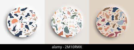 Set of 3D realistic top view circle podium pedestal stand with terrazzo pattern surface background. You can use for product presentation, cosmetic dis Stock Vector