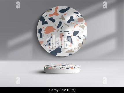 3D realistic empty terrazzo top surface on white podium pedestal stand on white background with lighting window and shadow minimal style. You can use Stock Vector