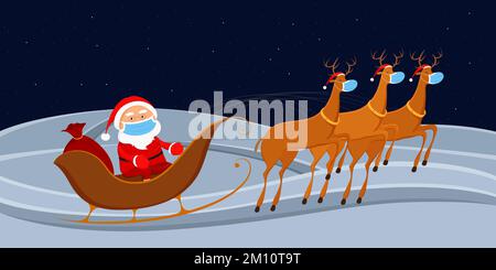 Santa Claus in medical mask riding on reindeer sledge. Vector illustration. Stock Vector