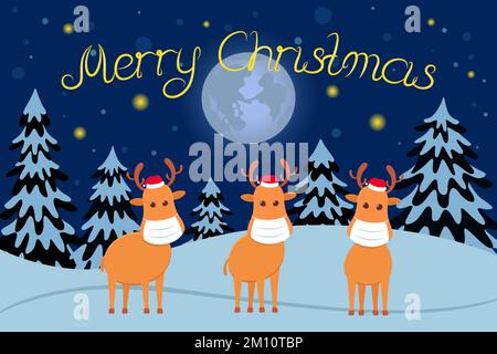 Reindeers in masks. Merry Christmas card. Vector illustration. Stock Vector