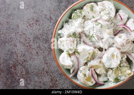 New potato salad with pickles, dill and red onion with sour cream dressing close-up in a plate on the table. Horizontal top view from above Stock Photo