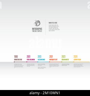 Vector light horizontal progress timeline template with six years milestones with descriptions. Light colorful timeline with color headlines on folded Stock Vector