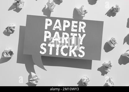 Sign displaying Paper Party Sticks. Concept meaning hard painted paper shaped used for signs and emoji Stock Photo