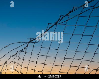barbed wire against the sunset. barbed wire on the fence of the fenced territory. selective focus. Stock Photo