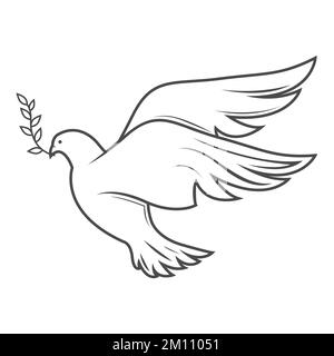 Dove of peace flying with olive twig in beak, outline of pigeon, symbol of good tidings, vector Stock Vector
