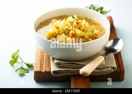 Homemade lentil soup with fresh parsley Stock Photo