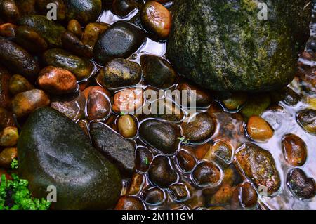 Clear fresh water gently flowing over smooth wet pebbles and mossy rocks in a natural stream. Stock Photo