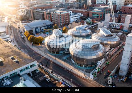 SHEFFIELD, UK - DECEMBER 7, 2022.  An aerial view of Sheffield Hallam University Students’ Union buildings known as The Hubs Stock Photo