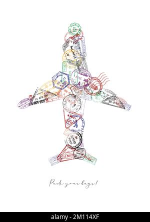 Airplane made from a passport stamps different countries with lettering pack your bags poster Stock Vector