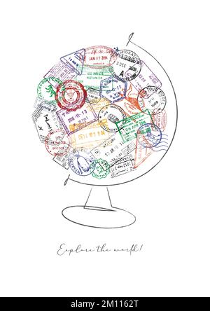 Globe made from a passport stamps different countries with lettering explore the world poster Stock Vector