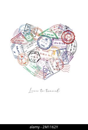 Heart made from a passport stamps different countries with lettering love to travel poster Stock Vector