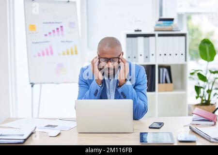 Black man, headache and stress, burnout and anxiety with job, professional depression and finance businessman, glitch or 404 on laptop. Technology Stock Photo