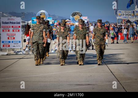 The Third Marine Aircraft Wing Band (MAW) marches for the opening of the 2022 Miramar Airshow in San Diego, California. Stock Photo