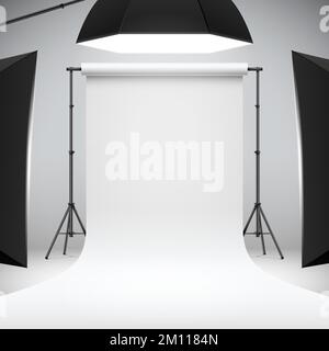 Photo studio white narrow backdrop with soft boxes. Professional photo shooting setup with studio lights, realistic vector illustration. Studio photography scene mock up. Stock Vector