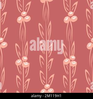 Berry and leaf seamless vector seamless pattern background. Hhand drawn line art style. pink white backdrop. Winter berries and leaves Christmas Stock Vector