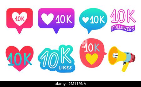 10000 followers vector set 10k celebration. Ten thousands subscribers followers set. Stock Vector