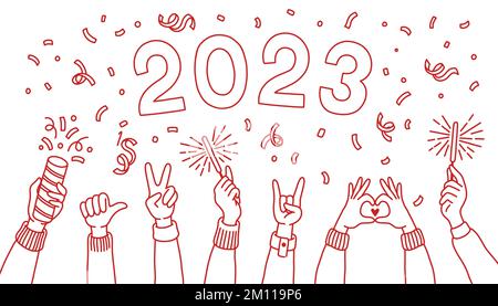 Happy New Year 2023. Doodle hands of people who are celebrating new year, vector for banner Stock Vector
