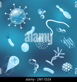 bacteria, fungi and viruses with glowing effect. pattern of Dangerous pathogen. Microbes, microorganisms and other parasites. illness or disease Stock Vector