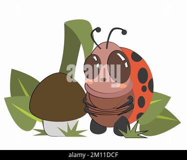 A small ladybug sits on a leaf in front of a mushroom on a spring day. Stock Vector