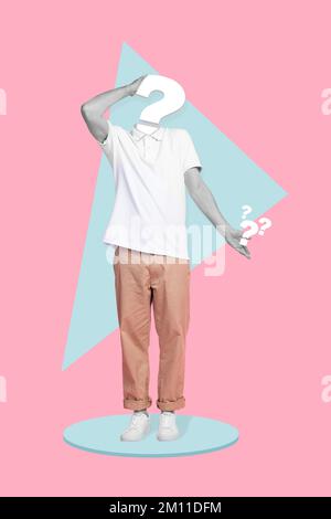 Creative 3d photo collage artwork graphics painting of puzzled guy question mark instead of head isolated drawing background Stock Photo