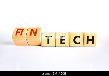Tech or fintech symbol. Concept word Tech and Fintech on wooden cubes. Beautiful white table white background. Business and tech or fintech concept. C Stock Photo