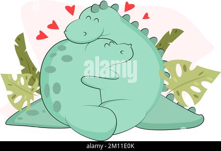 two cute dinosaurs hugging in the jungle Stock Vector