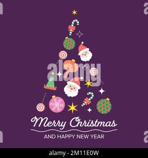 image of christmas tree is composed of stars, candies, glass balls, elfs hat, santa and snowflakes Stock Vector