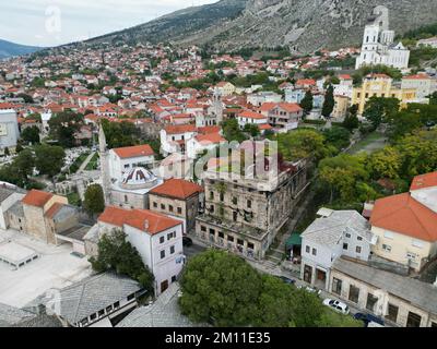 Bomb damaged builting Mostar  Bosnia and Herzegovina drone aerial view Stock Photo