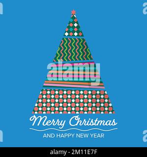 image of christmas tree is composed of four parts with different color elements and star Stock Vector