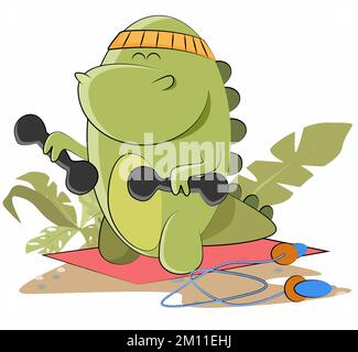 cute green dinosaur goes in for sports and holds dumbbells in his paws Stock Vector