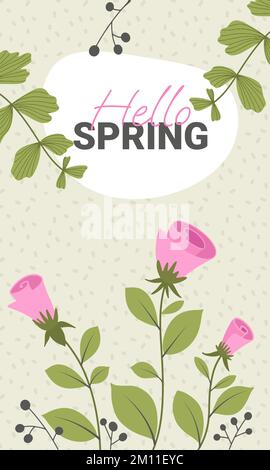 text hello spring on the background of twigs with green leaves and decorative flowers Stock Vector